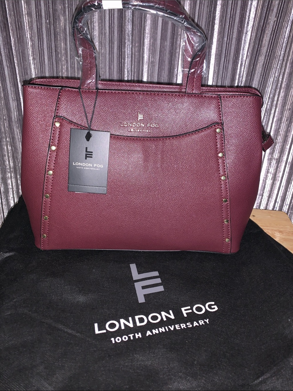 London Fog Wine Red Satchel with Gold-Tone Studs